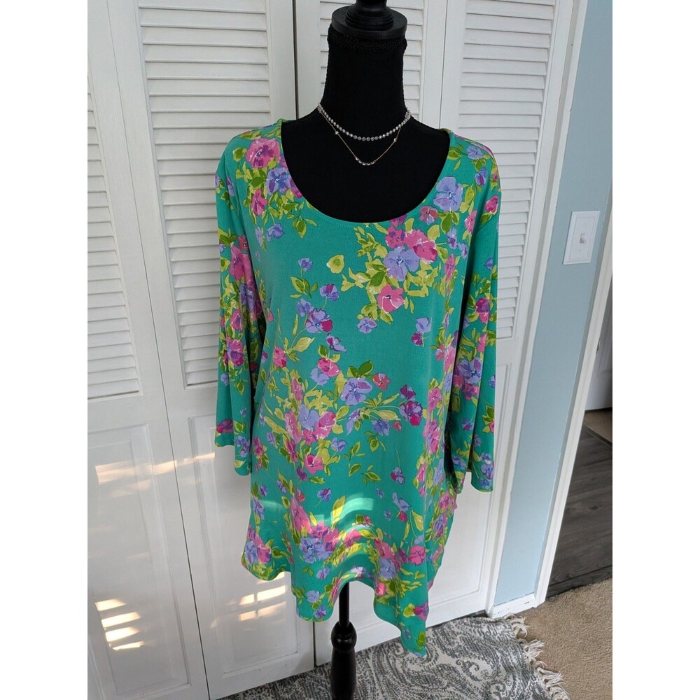 Susan Graver Tunic Womens 3X Teal Floral Print Liquid Knit Blouse Ruffle Hem Top
